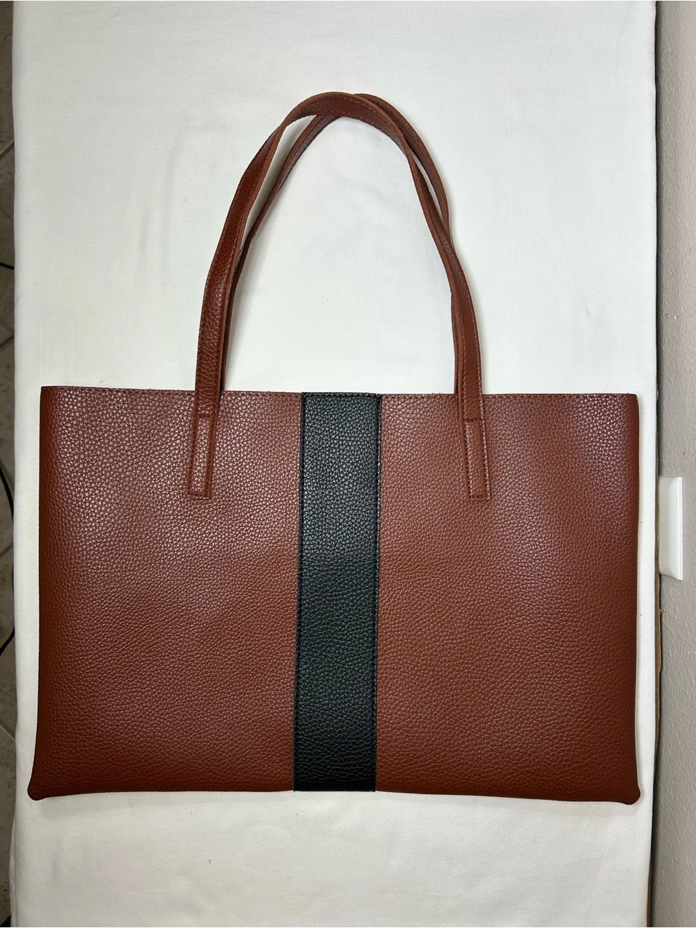 Vince Camuto Faux Pebble leather Brown Black Laptop Tote Bag Minimalist Work